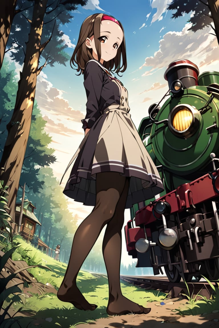 anime coloring, long brown hair,TOONO, hairband, forehead, no shoes, dress,pantyhose, detailed feet, grass, forest, standing, posing for a photo, full body, light smile. food bastket in floor, afternoon light, GG-1 locomotive train at distance. viewed from side below, 