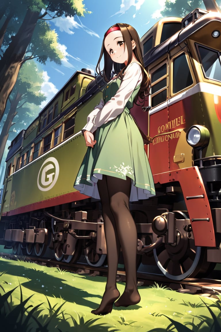 long brown hair, ,TOONO, hairband, forehead, no shoes, dress,pantyhose, grass, forest, standing, posing for a photo, light smile. food bastket in floor, afternoon light, GG-1 locomotive train at distance. viewed from side below, 