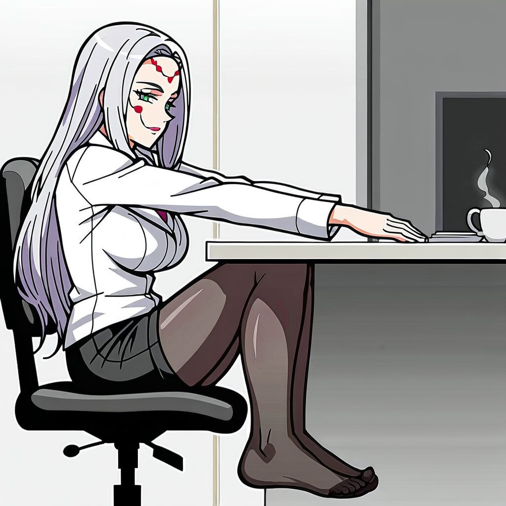 anime screencap, 
Spider demon mother,
 pale skin, long hair, white hair, facial markings, green eyes, fangs, detailed feet correct feet, feet focus
office suit, no shoes, pantyhose, 
tired face, Seat relaxing into chair, feet put in desk , inferno fire, underworld atmosphere, Inferno customer service attend, coffee at hand, corridor, night, 
viewed from side