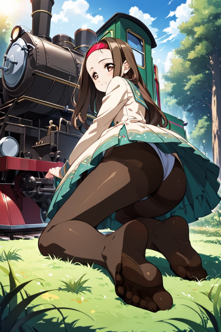 anime coloring, long brown hair,TOONO, hairband, forehead, no shoes, dress,pantyhose, detailed feet, feet focus, grass, forest, kneeling, posing for a photo, full body, light smile. food bastket in floor, afternoon light, GG-1 electric locomotive locomotive train at distance. viewed from side below, 