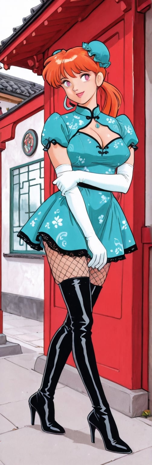 (red boots,  miko,  tranparent green china dress by Springqiu on Tensor.Art