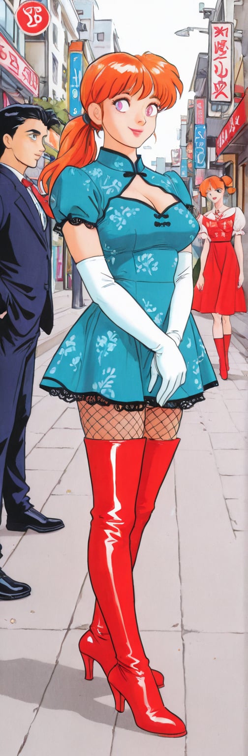 (red boots,  miko,  tranparent green china dress by Springqiu on Tensor.Art