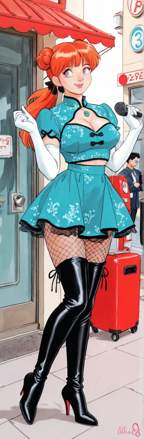 (red boots,  miko,  tranparent green china dress by Springqiu on Tensor.Art