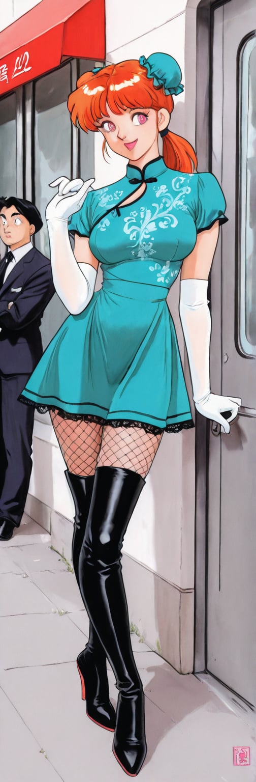 (red boots,  miko,  tranparent green china dress by Springqiu on Tensor.Art