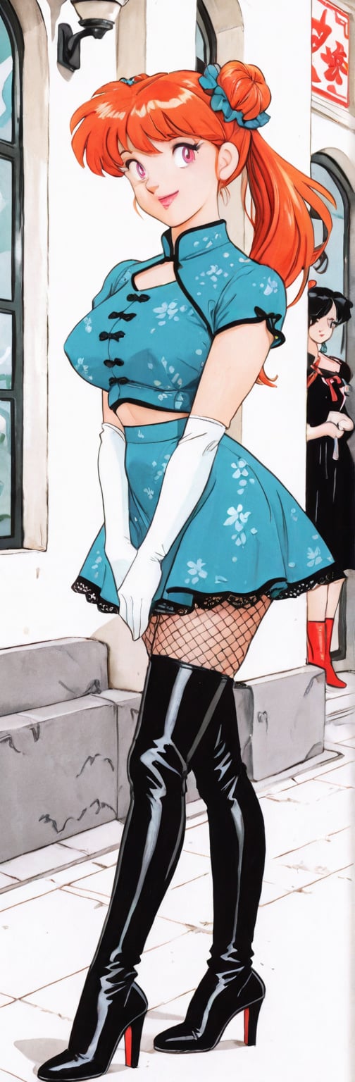 (red boots,  miko,  tranparent green china dress by Springqiu on Tensor.Art