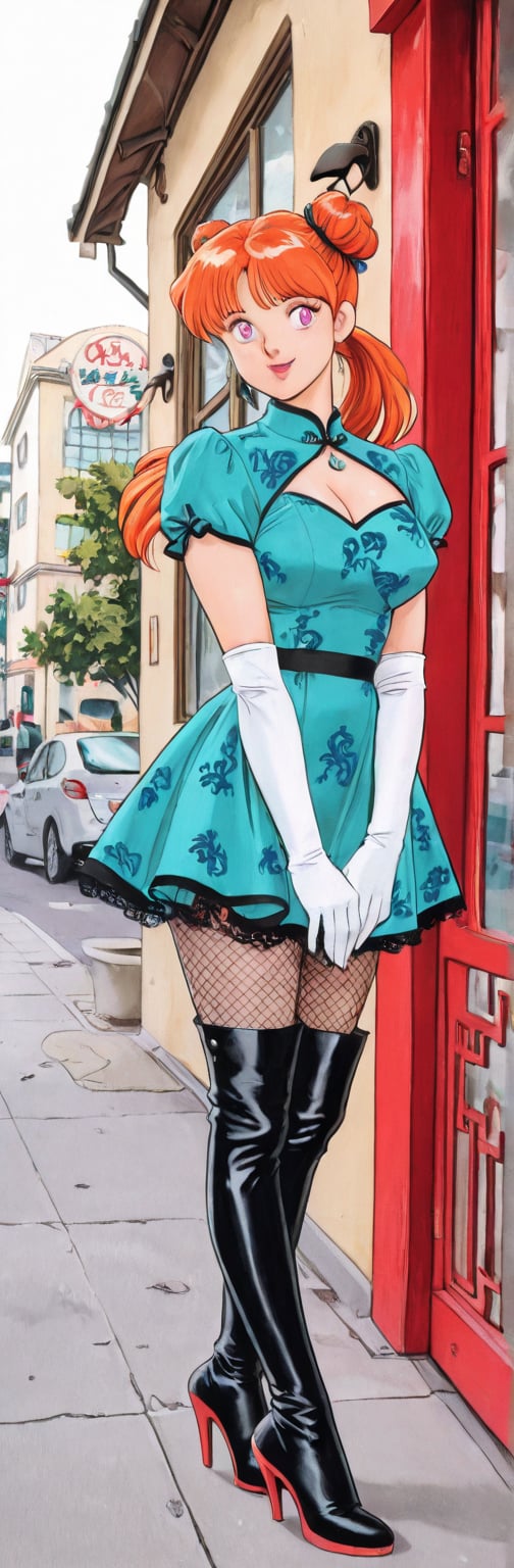 (red boots,  miko,  tranparent green china dress by Springqiu on Tensor.Art