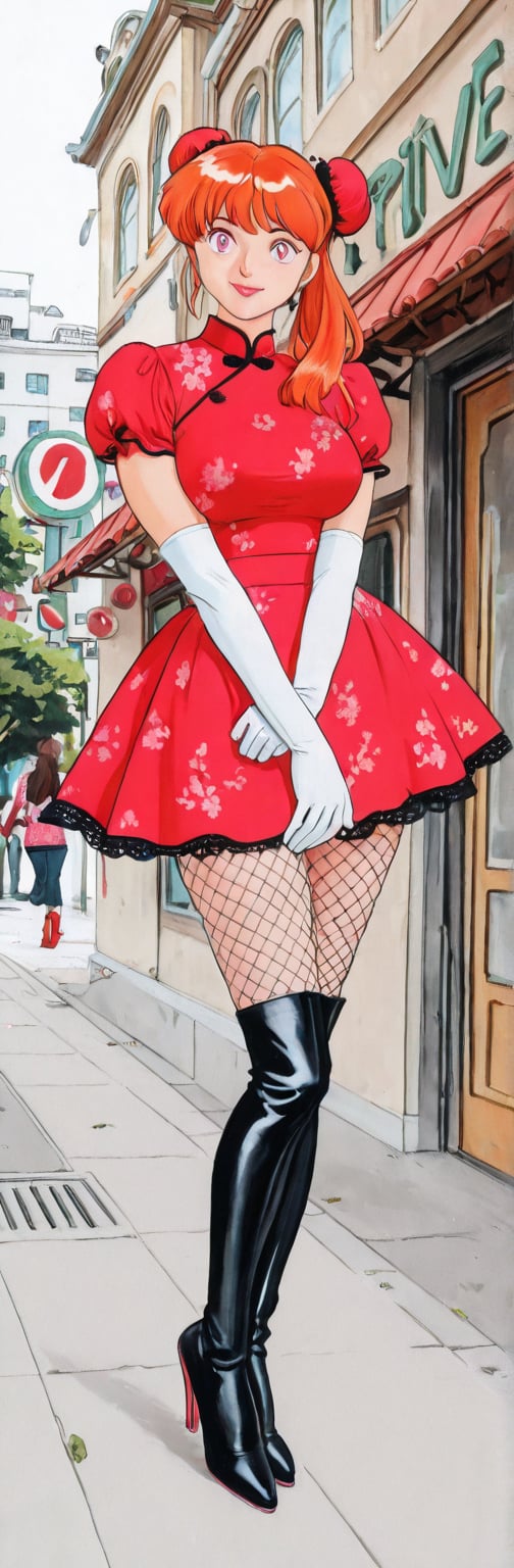 (red boots,  miko,  tranparent green china dress by Springqiu on Tensor.Art