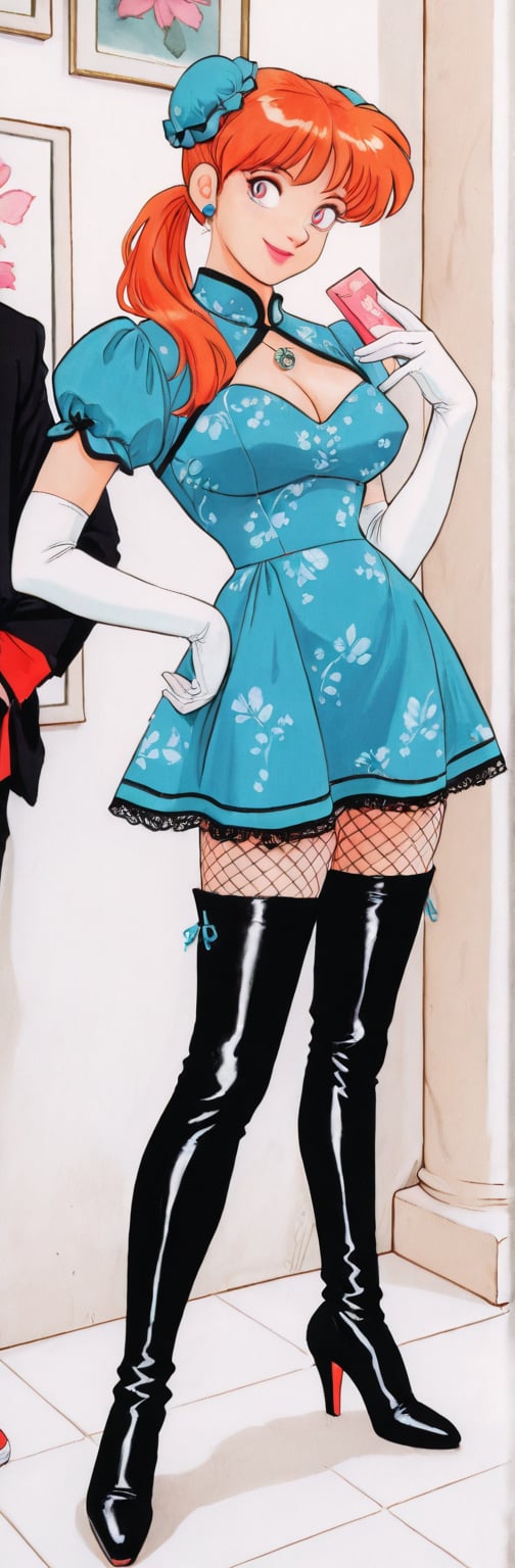 (red boots,  miko,  tranparent green china dress by Springqiu on Tensor.Art