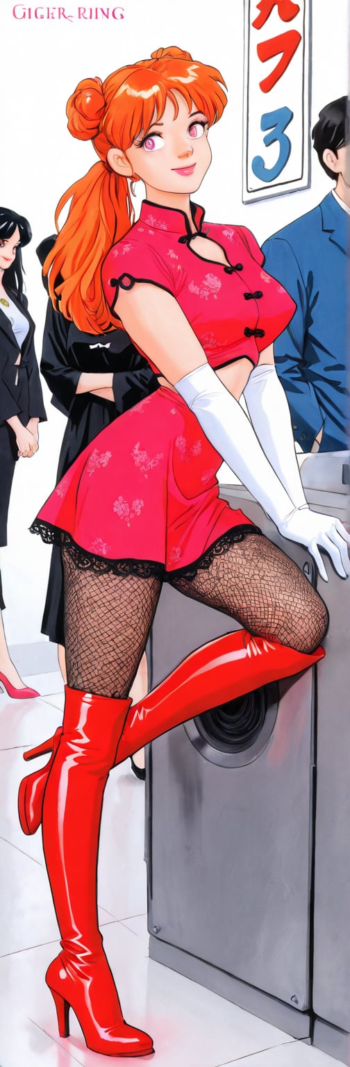 (red boots,  miko,  tranparent green china dress by Springqiu on Tensor.Art