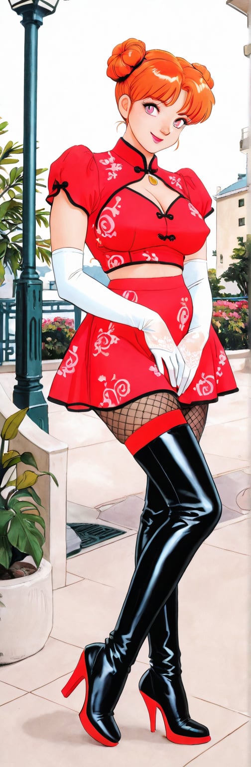 (red boots,  miko,  tranparent green china dress by Springqiu on Tensor.Art