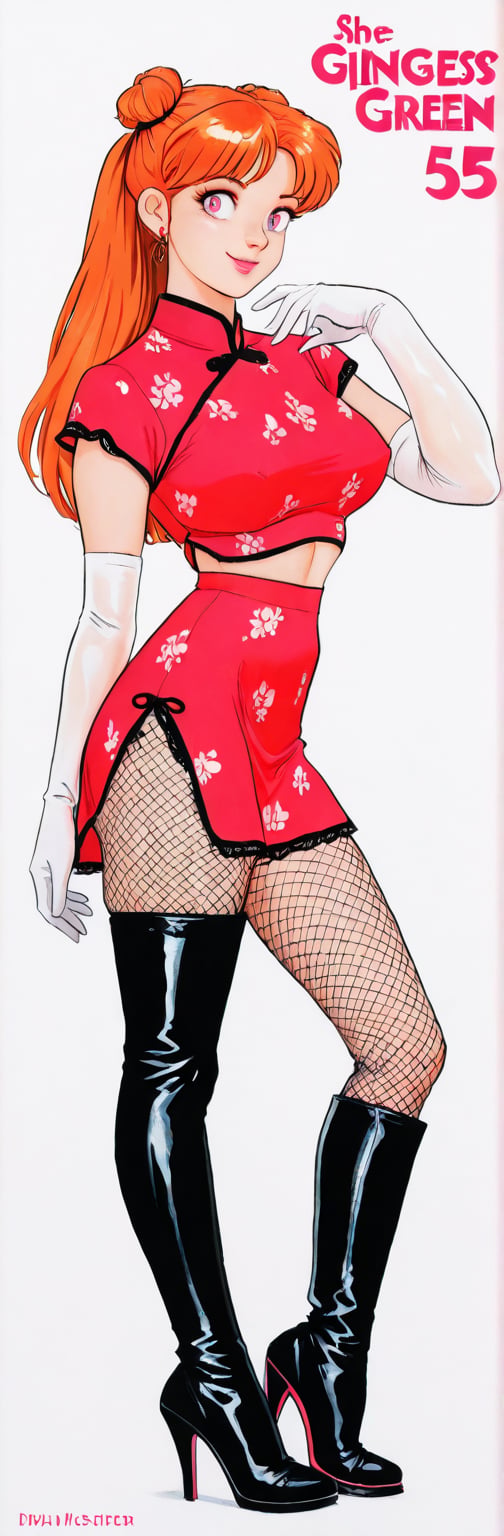 (red boots,  miko,  tranparent green china dress by Springqiu on Tensor.Art