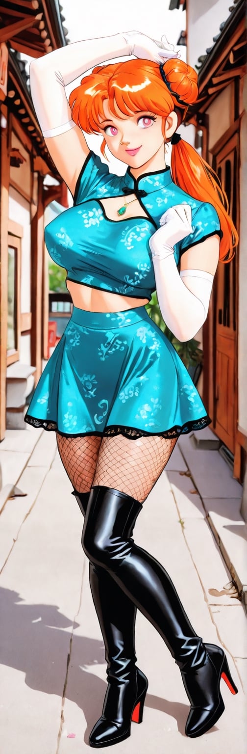 (red boots,  miko,  tranparent green china dress by Springqiu on Tensor.Art