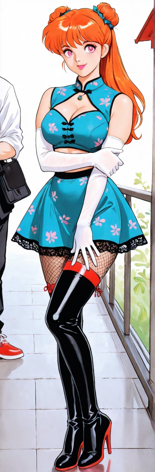 (red boots,  miko,  tranparent green china dress by Springqiu on Tensor.Art