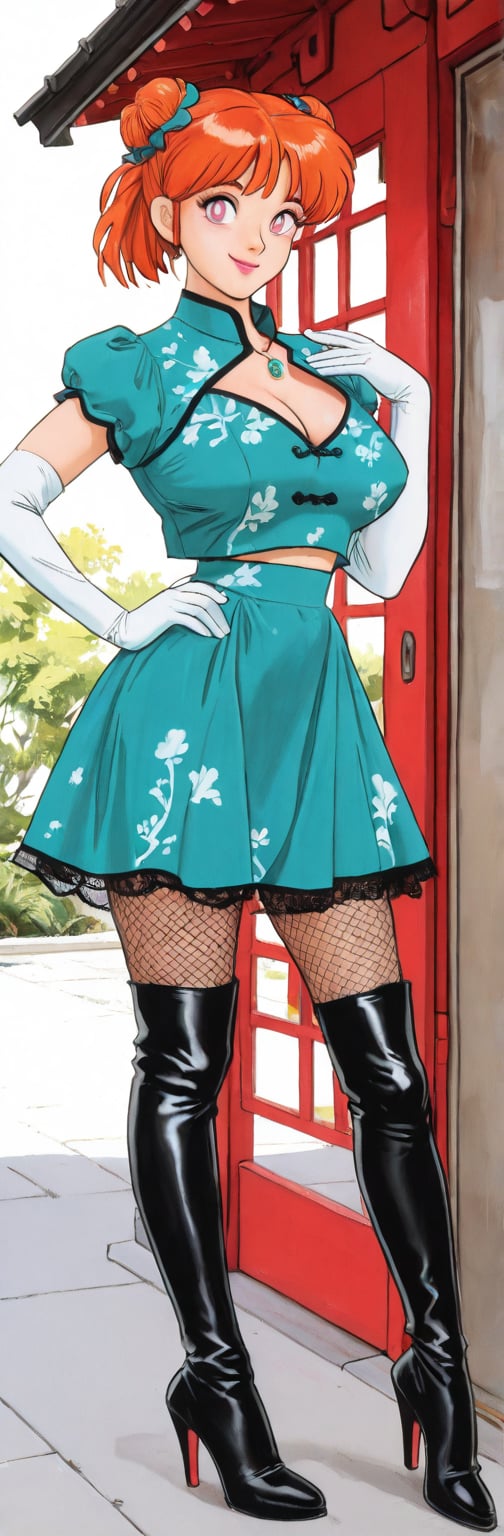 (red boots,  miko,  tranparent green china dress by Springqiu on Tensor.Art