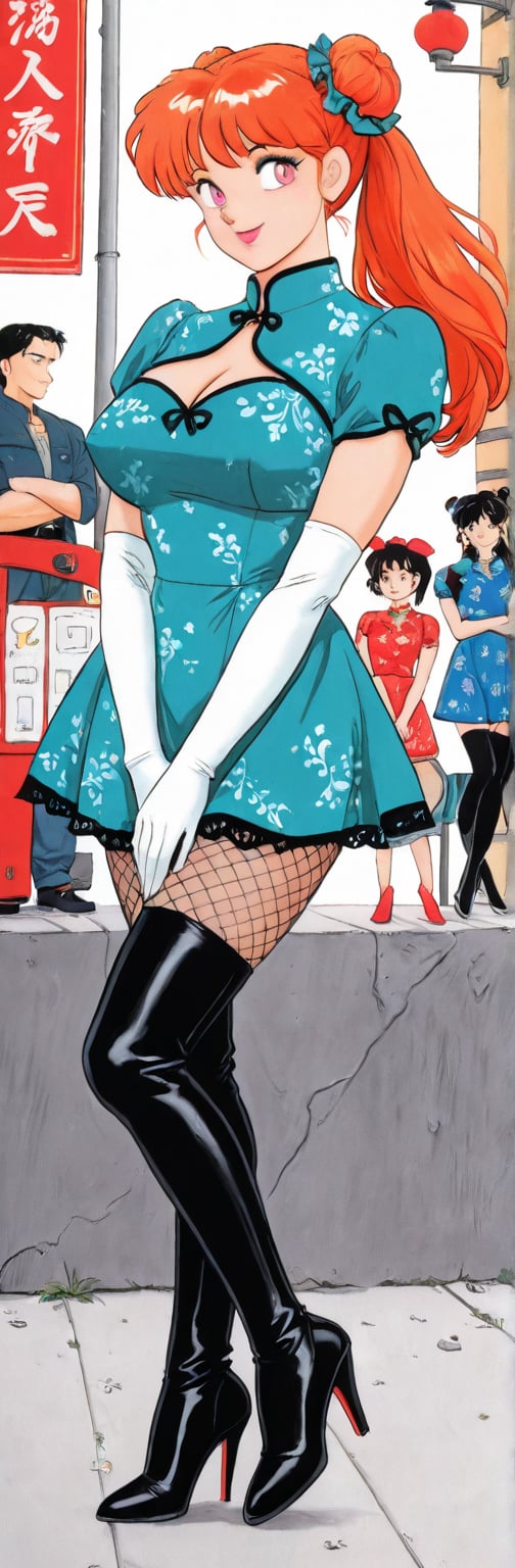 (red boots,  miko,  tranparent green china dress by Springqiu on Tensor.Art