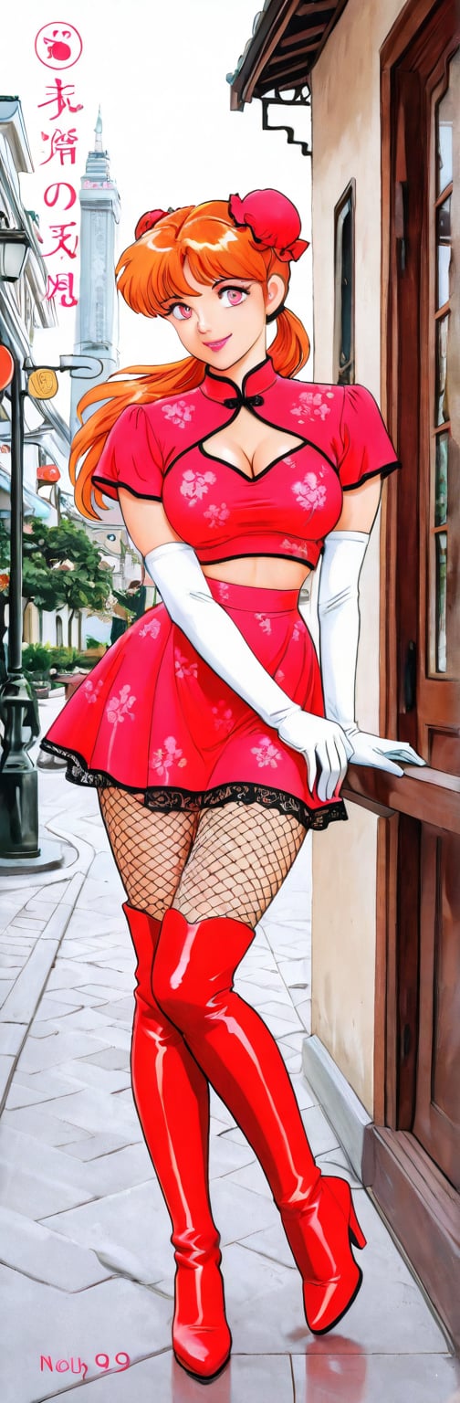 (red boots,  miko,  tranparent green china dress by Springqiu on Tensor.Art