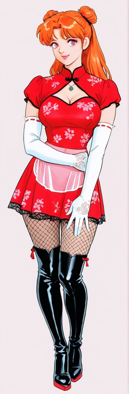 (red boots,  miko,  tranparent green china dress by Springqiu on Tensor.Art