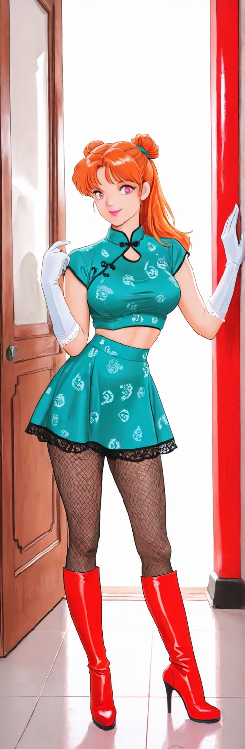 (red boots,  miko,  tranparent green china dress by Springqiu on Tensor.Art