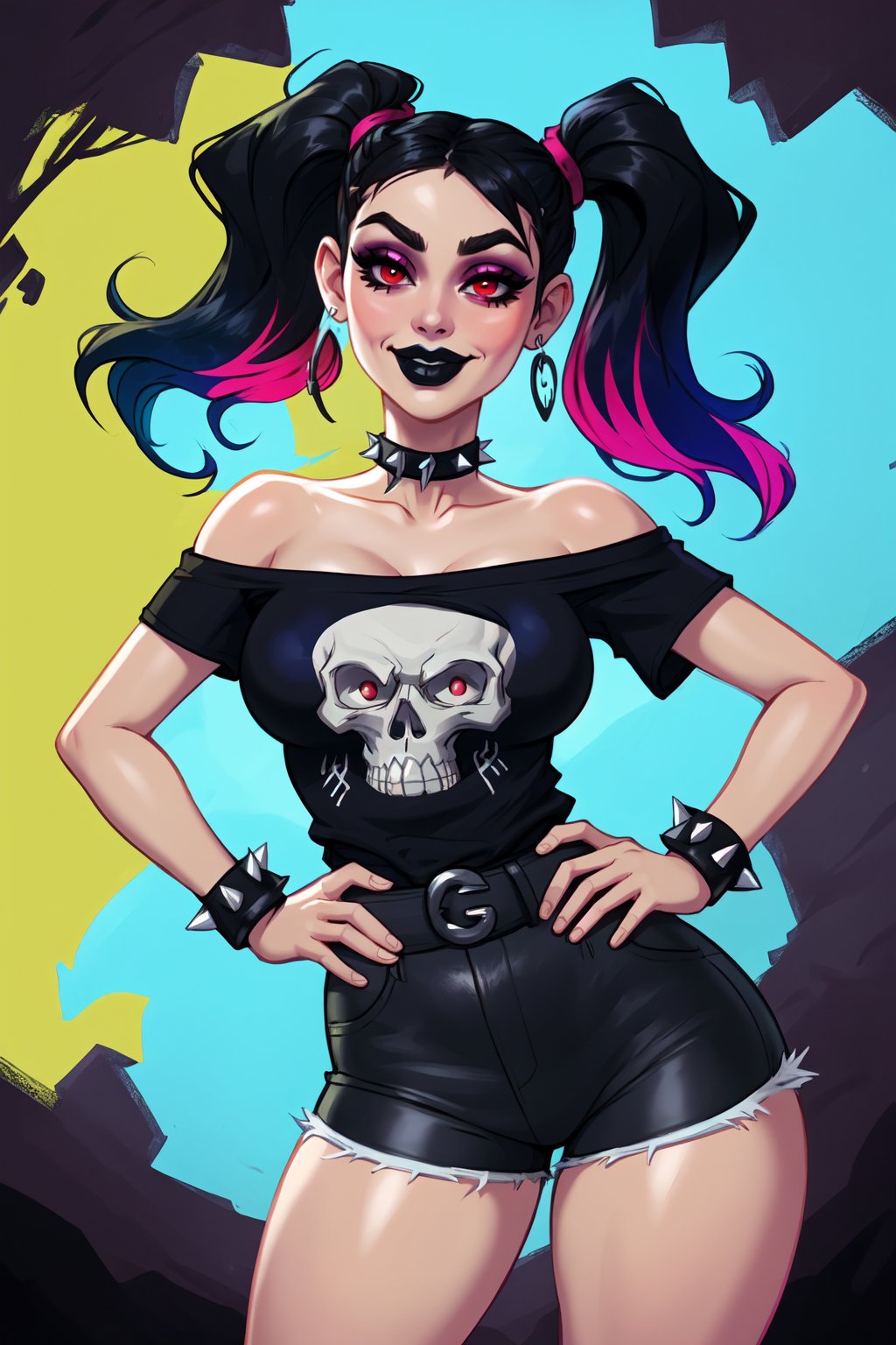 masterpiece, best quality, 64k, HQ, 1girl, gothic girl, choker, gothic clothing, red eyes, makeup, black lipstick, skull print, off shoulder, curvy, fit, athletic, toned body, collarbone, black t-shirt, spiked bracelets, dark leather shorts, cut off shorts, black hair, twin pigtails, multicolored hair, black hair, blue hair, thick thighs, wide hips, small waist, thick legs, posing, hand on hip, standing at an angle, three-quarter view,lips, thighs, cowboy flat, angled hips, looking directly at viewer, mature woman, feminine sexuality, naughty and sweet face, slight smile,big breasts, breasts apart,