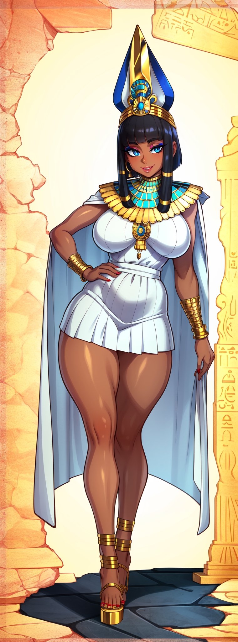 Masterpiece, 8k, 4k, best quality, extremely detailed, intricate, hyper detailed, perfect face, illustration, cel shading, best quality, (skindentation), (1 girl), (solo, full body,standing), (cute, relaxed, cheeky), neck, (very thin and large breasts), thick thighs, thick eyelashes, long eyelashes, (white Egyptian dress, gold attached pleated cape, gold headdress with diamonds silver high heels + Egyptian laces, bare legs), (black hair, short hair, blunt bangs), Egyptian earrings, Egyptian choker, bracelets, gold bangles, necklace, belt and bangles, (shiny skin, blue eyes, bright eyes, eyeliner, eye shadow), smile, (pharaonic monuments, egypt, artificial lake, islands),