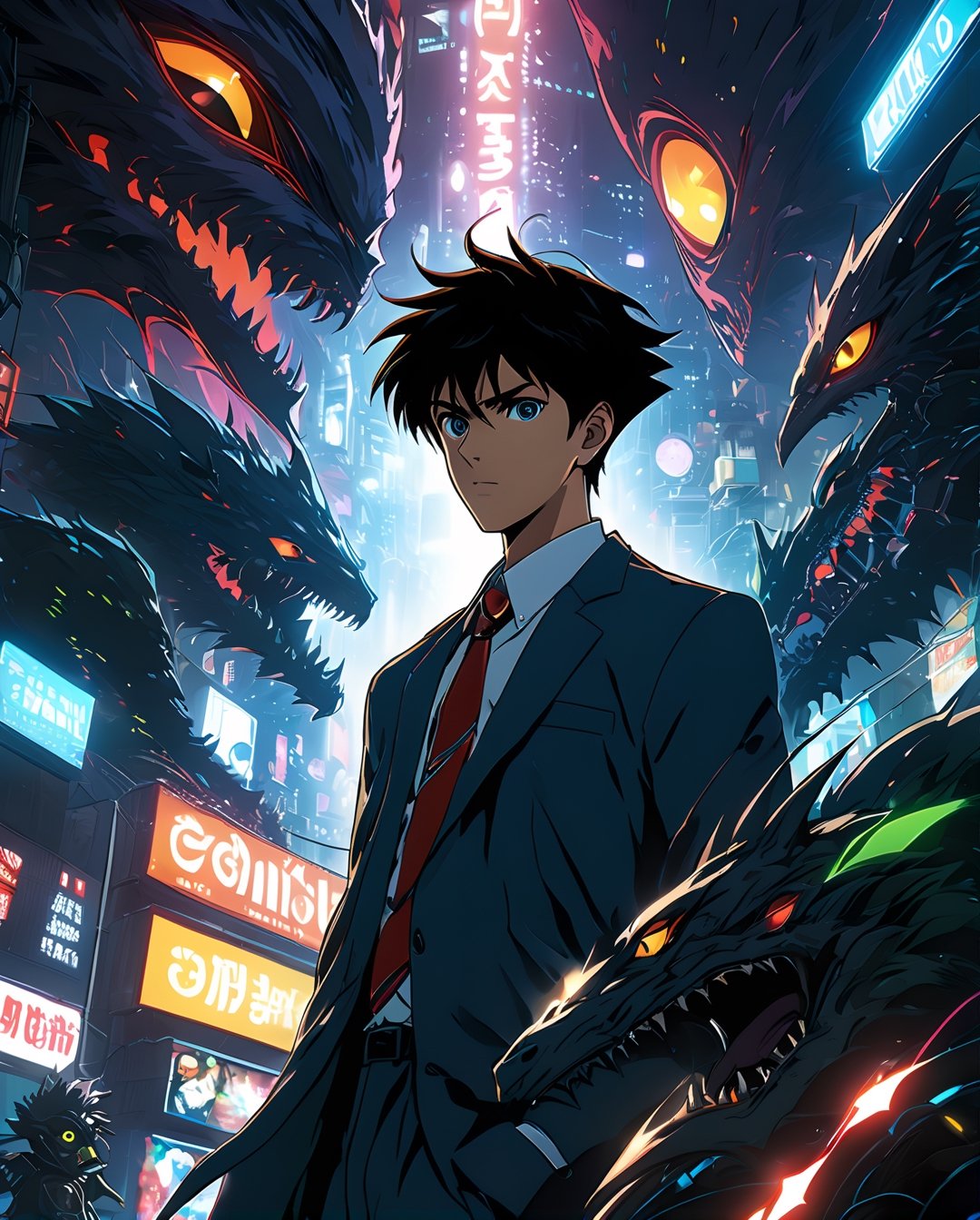  poster,close portrait, [nime, colorfull, boy in business suit, Cyber--boy surounded by creepy ugly disturbed monsters, cyberpunk city,light explosion, psychedelic, creative, niji anime, neons, 3d anime art, complex detailing, high detailed, high_res,Monster ], very_high_resolution,  close angle view, danknis, sooyaaa , IMGFIX

, , ,niji style,ghibli style,sooyaaa