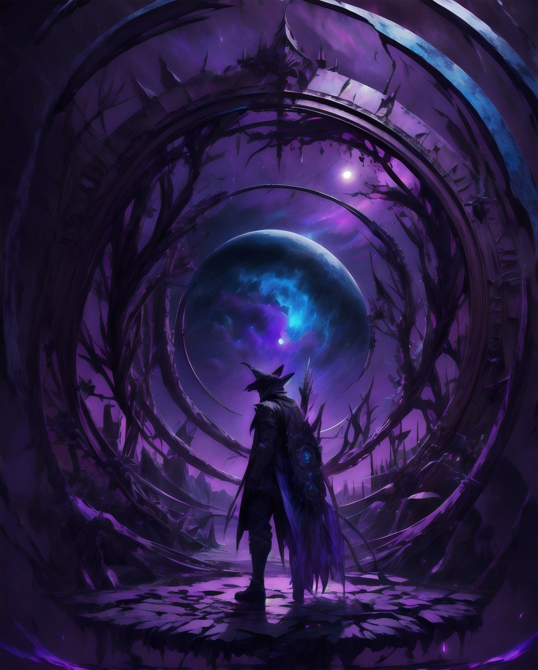 Man staring at night sky ripe with blue moon, Purple and Blue moon, Dark atmosphere, reflection::2,midjourney,Futuristic room,weapon,fantasy00d,More Detail,ff14bg,High detailed ,modelshoot style