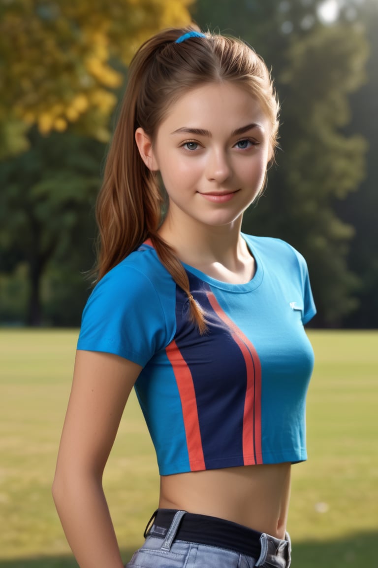 ((extremely realistic photo)),  professional photo,  The image features a beautiful teeny girl with brown hair tied in pon...