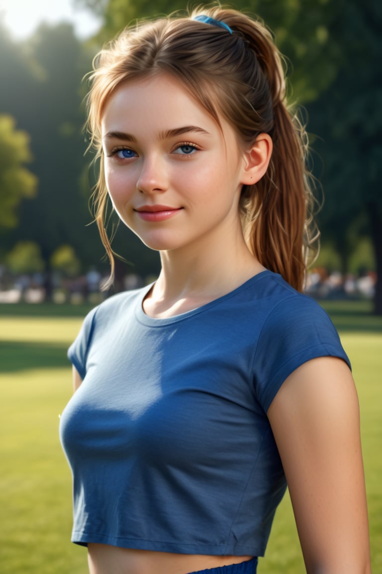 ((extremely realistic photo)),  professional photo,  The image features a beautiful teeny girl with brown hair tied in pon...