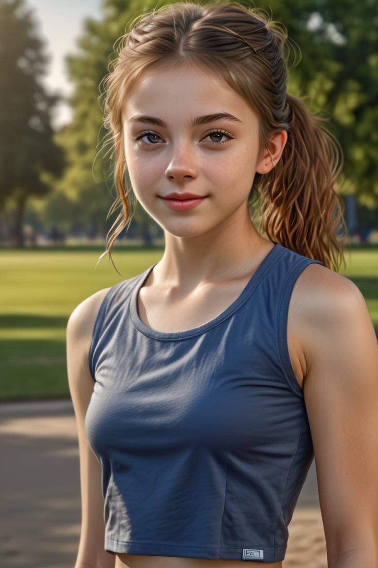 ((extremely realistic photo)),  professional photo,  The image features a beautiful teeny girl with brown hair tied in pon...
