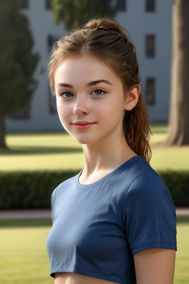 ((extremely realistic photo)),  professional photo,  The image features a beautiful teeny girl with brown hair tied in pon...