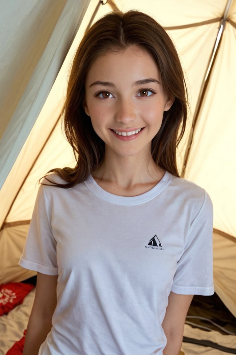 Score_9, Score_8_up, Score_7_up, 1girl, solo, (in a camping tent:1.4), young woman, petite and skinny, (holding hands behind her back and puffing out her chest:1.4), charming smile, cute and lovely, chin slightly upward, looking at viewer, upper body, loose tshirt, innocent, adorable, radiating beauty, pretty, adorable, cute face, authentic beauty, charismatic, small loving eyes, dilated pupils, beautiful detailed eyes, brown eyes, beautiful face, white skin, (skin blemish:1.4), visible pores, shiny skin.

Realistic, (extremely photorealistic:1.4), (sharp focus:1.4), (realistic textures:1.4), (realistic skin:1.4), professional photography, UHD, 32K, angled view from below,
