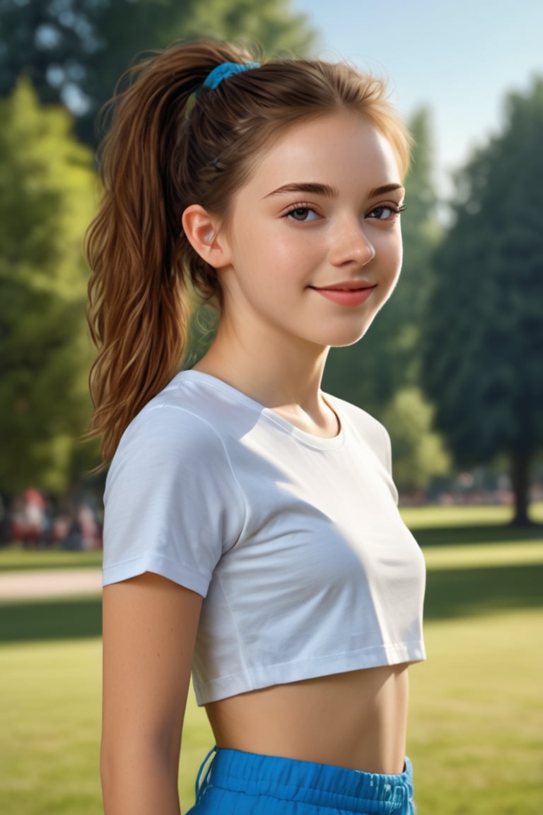 ((extremely realistic photo)),  professional photo,  The image features a beautiful teeny girl with brown hair tied in pon...