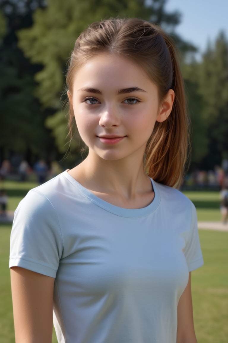((extremely realistic photo)),  professional photo,  The image features a beautiful teeny girl with brown hair tied in pon...