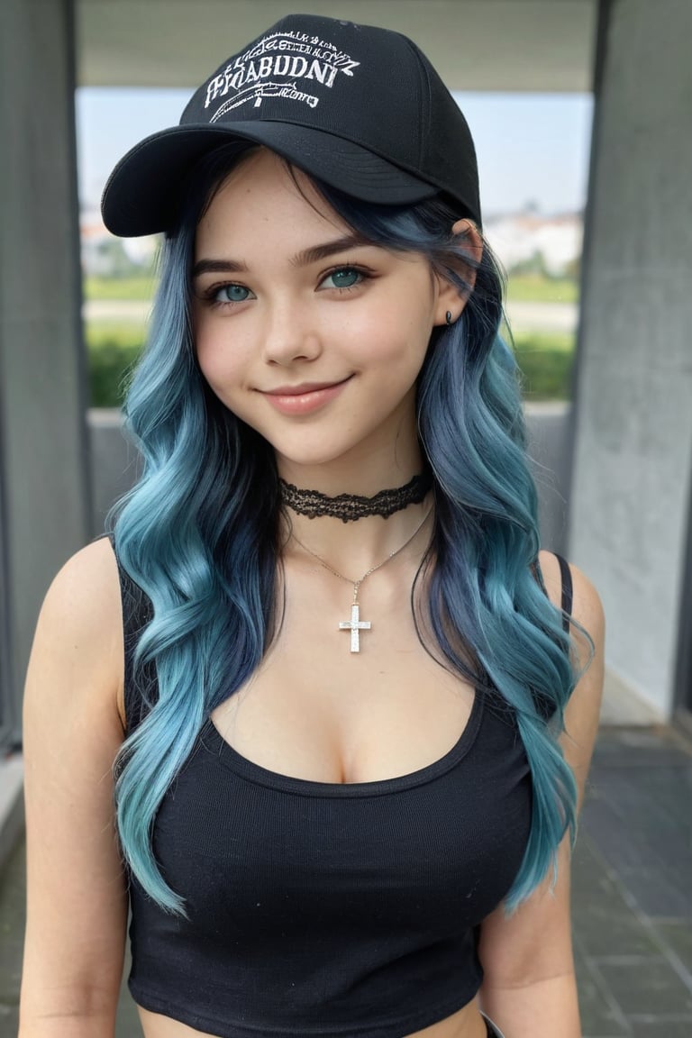 1girl,solo,long hair,looking at viewer, blue hair, black lace top, jewelry, blue hair sheen, shiny hair with cap, choker, green eyes, grey background, cross necklace, two-tone hair,  Expressiveh,concept art,More Detail
detailed_background,Cute Face,Cute Smile,Beautiful Girl,Young Girl,Realistic Model,Sexy Body,Hot Body,Beautiful Face,Sexy Girl