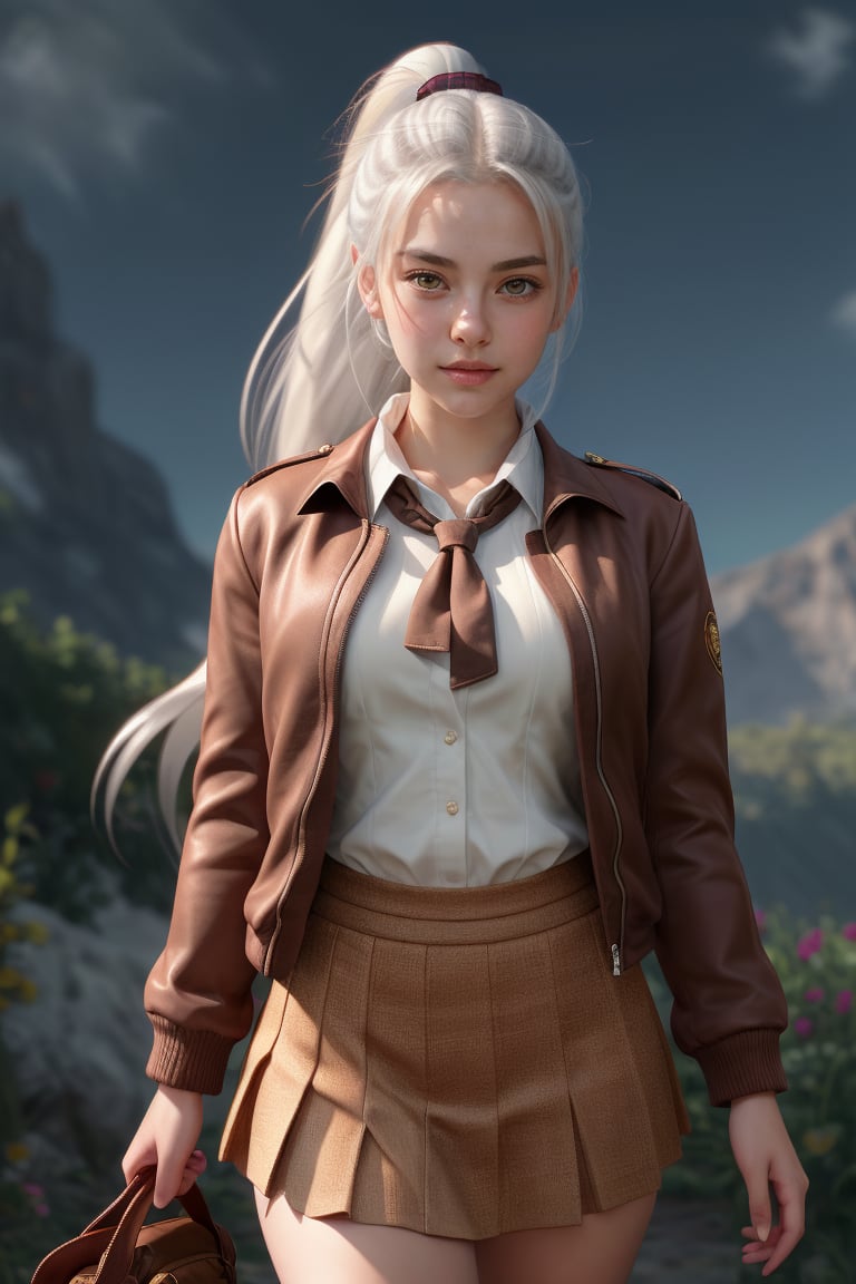 In a breathtaking 8k UHD composition, a stunning girl, characterized by long white hair tied in a ponytail, piercing amber eyes, donning a sleek school uniform with white blouse and brown jacket, brown miniskirt. Her bangs framing her determined face, cowboy view, 3/4 view