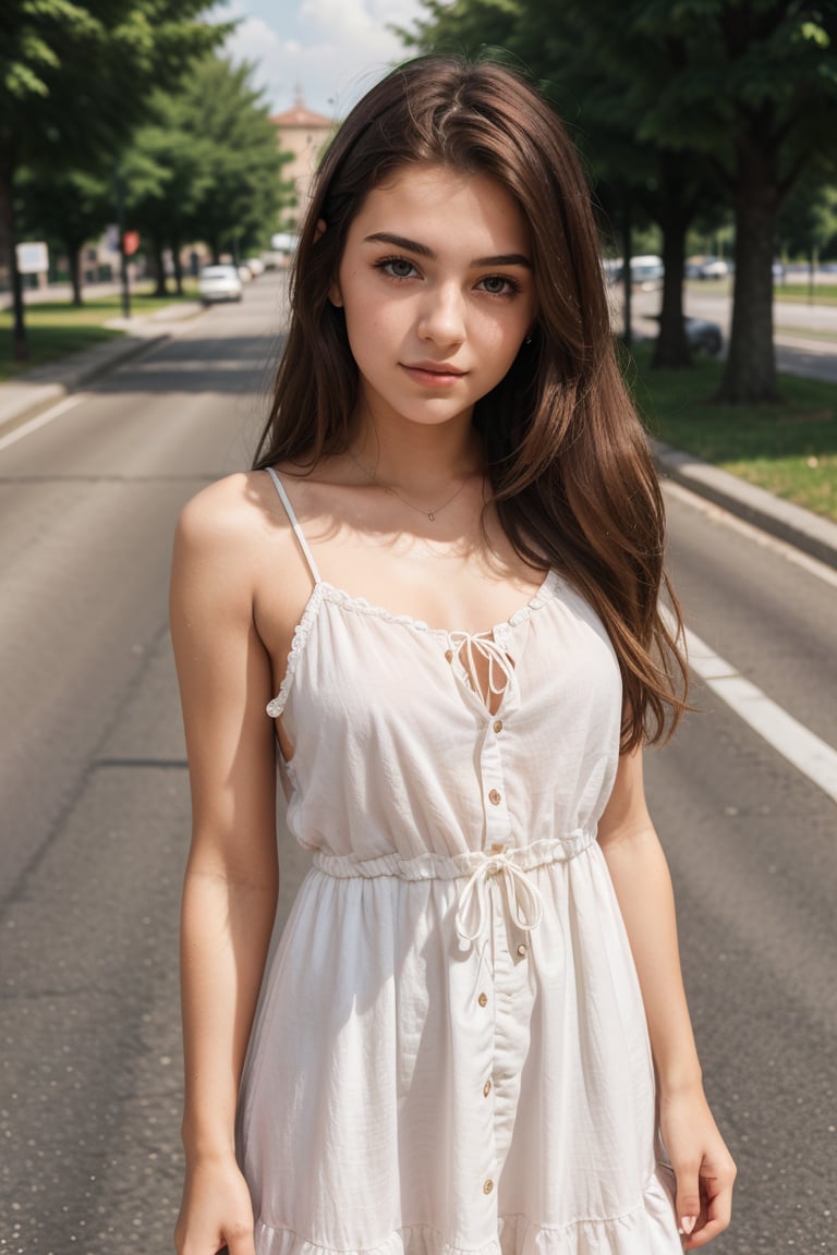 lovely  cute  young  attractive  italian  teenage  girl  in  a  pretty summer dress,  20  years  old  ,  cute  ,  an  Instagram  model  ,  long  blonde_hair  ,  spring  ,  on the road  .  ,  „  