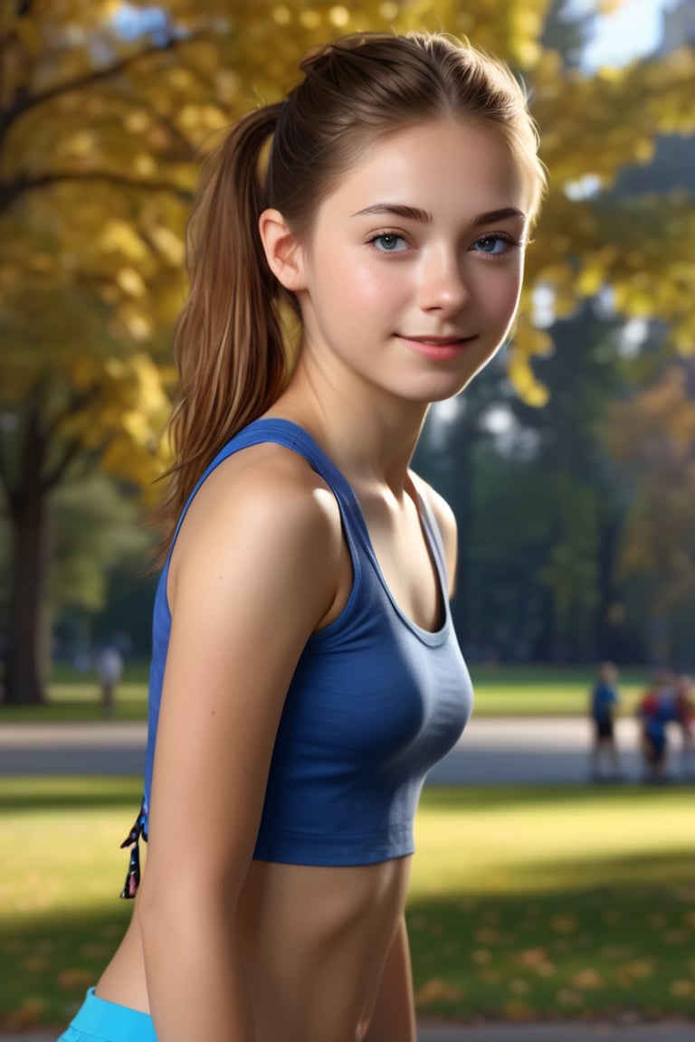 ((extremely realistic photo)),  professional photo,  The image features a beautiful teeny girl with brown hair tied in pon...