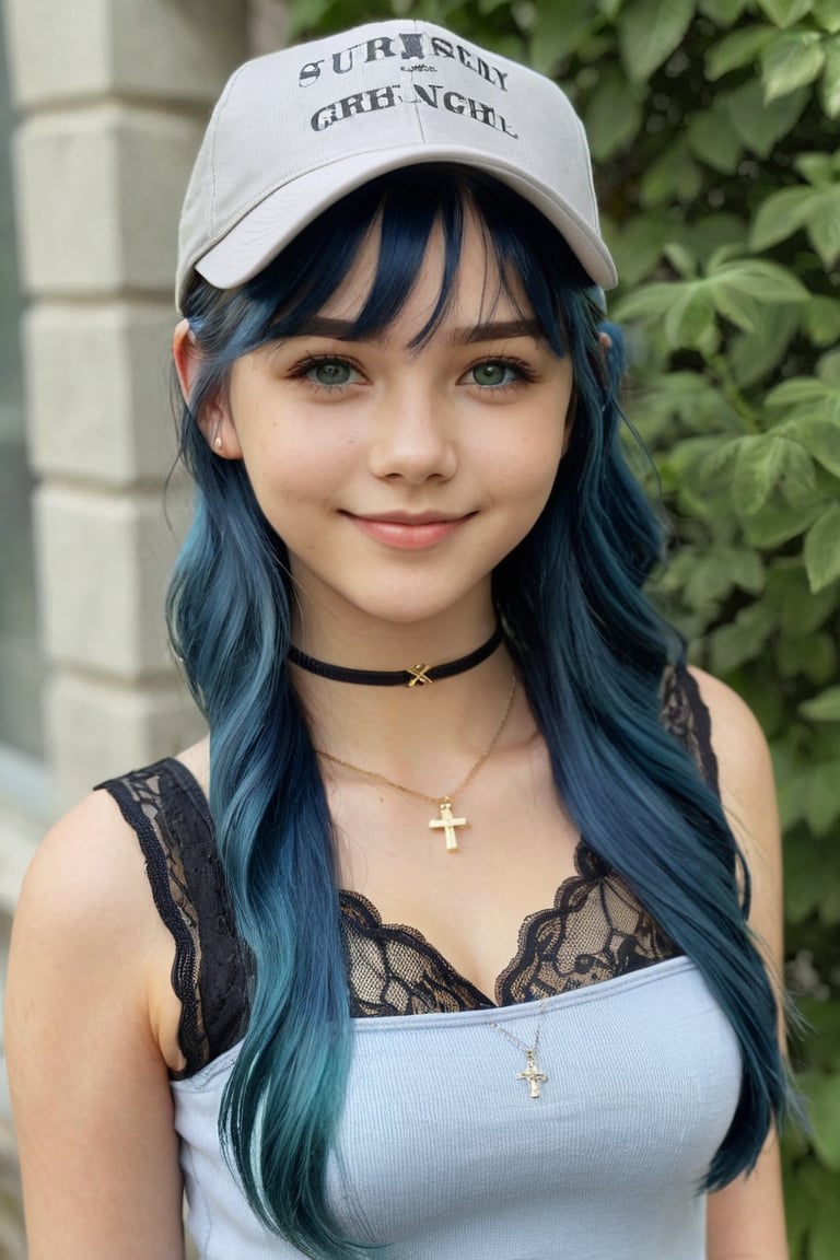 1girl,solo,long hair,looking at viewer, blue hair, black lace top, jewelry, blue hair sheen, shiny hair with cap, choker, green eyes, grey background, cross necklace, two-tone hair,  Expressiveh,concept art,More Detail, focus on chest,
detailed_background,Cute Face,Cute Smile,Beautiful Girl,Young Girl,Realistic Model,Sexy Body,Hot Body,Beautiful Face,Sexy Girl