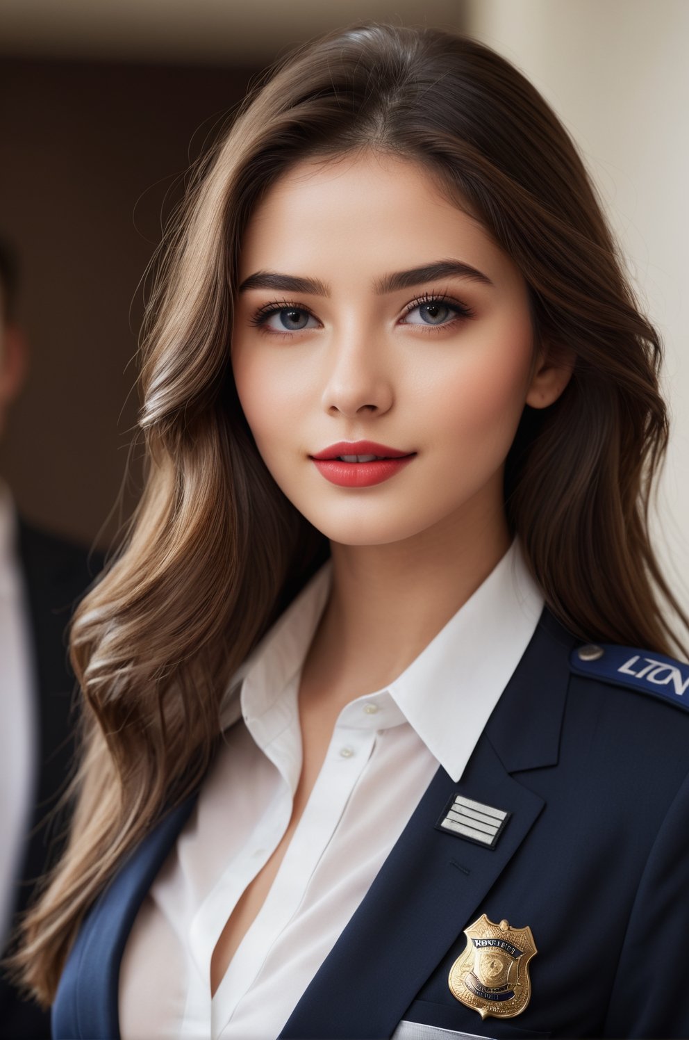 ((25 years old,)), (RAW photo, best quality), (realistic, photo-Realistic:1.1), best quality, masterpiece, beautiful and aesthetic, 16K, high contrast, (vibrant color:1.3), masterpiece, high quality, realistic aesthetic a beautiful girl, supermodel, elegant police suit, transparent, beautiful face, oval face, makeup, seductive smile, fair skin, medium breast, perfect hair, long hair, sexy slim body, Sleek and precise attire, featuring clean lines and intricate details, focused and detailed eyes, a composed and precise expression, defined and bold lips, b4b1