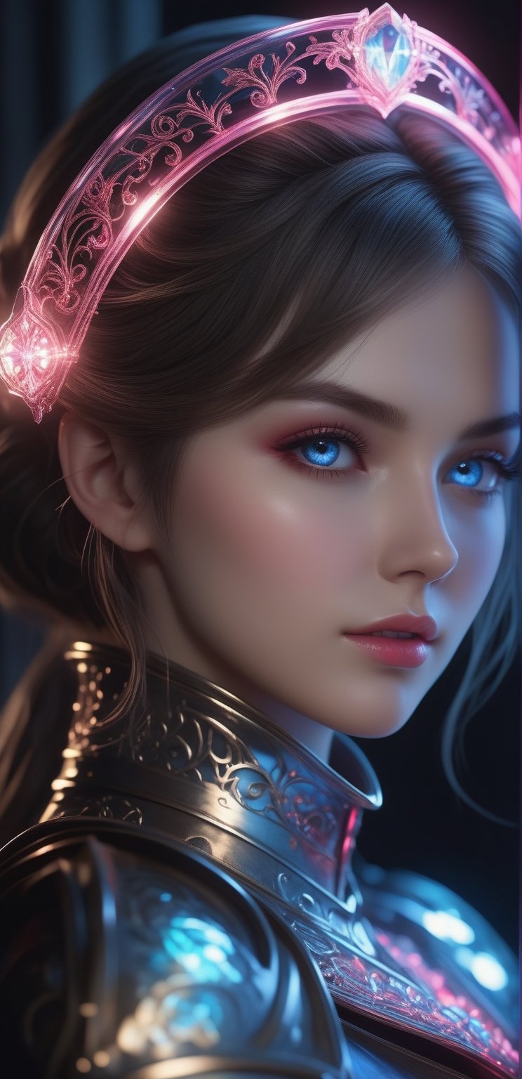 ((Waist shot)),  craft a hyper realistic vertical photo of most attractive transparent crystal glass girl with neon light,...
