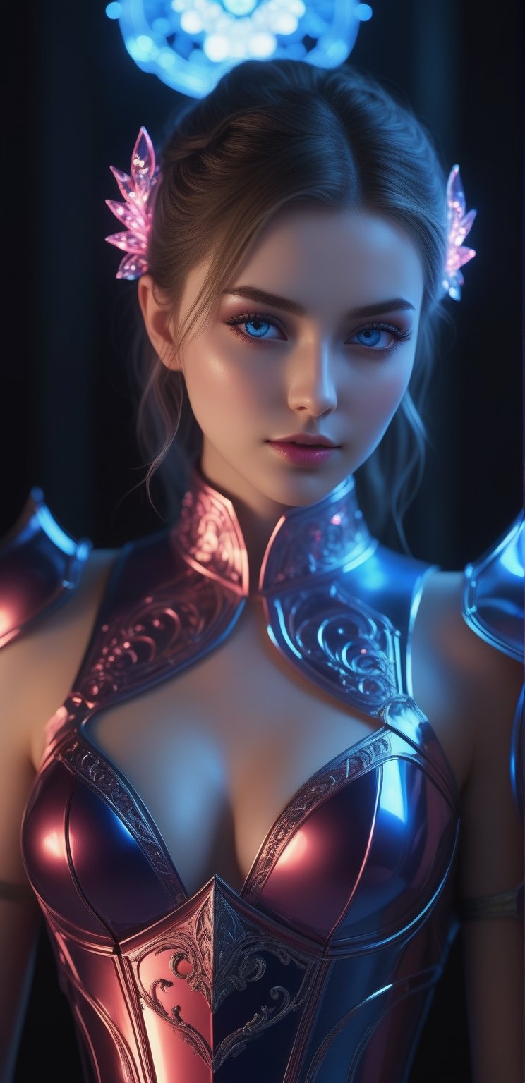 ((Waist shot)),  craft a hyper realistic vertical photo of most attractive transparent crystal glass girl with neon light,...
