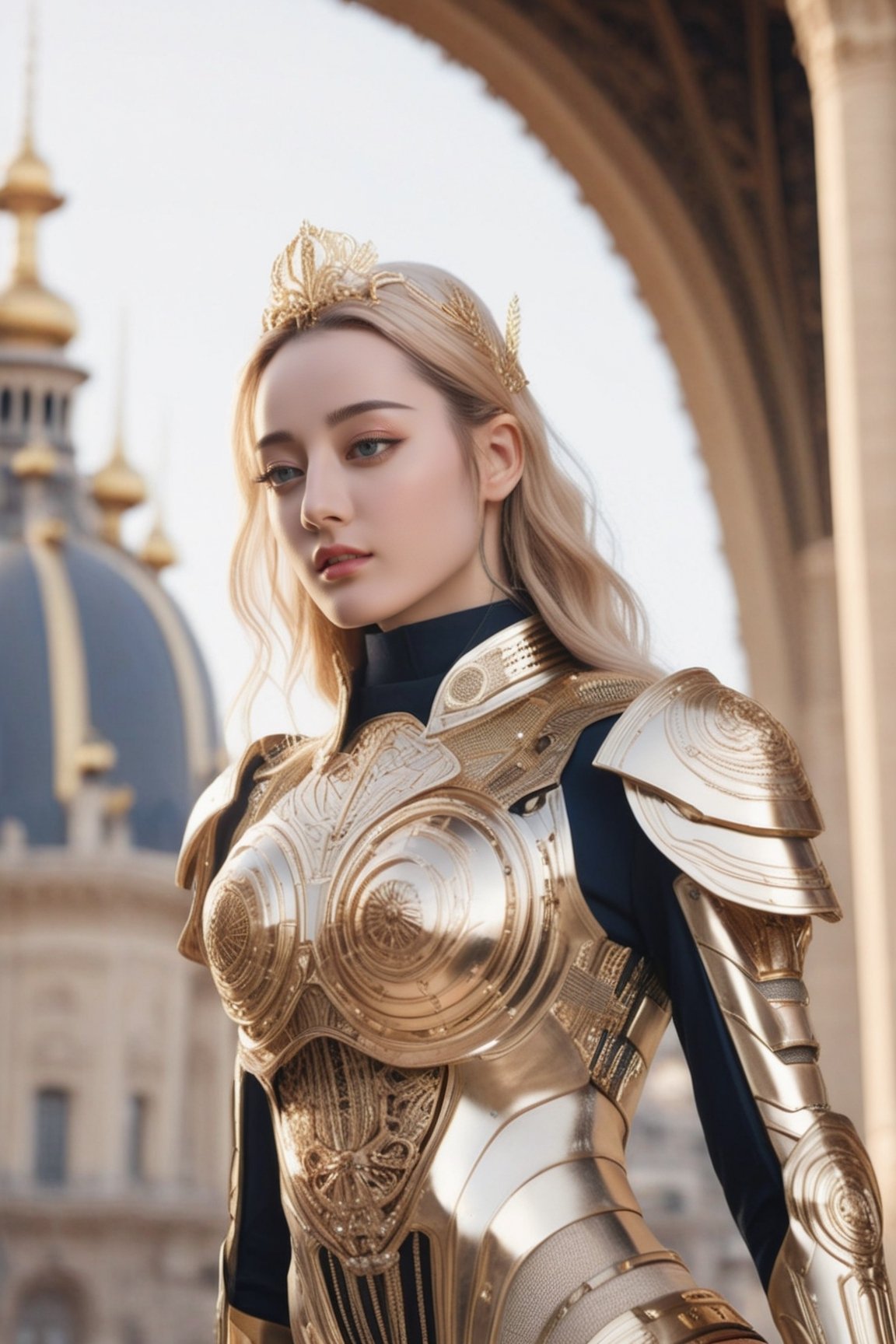 Sci-Fi. Dilraba Dilmurat is a human being, a 28-year-old woman, long blonde hair, deep blue eyes. Detailed face, detailed hair, medium makeup, Perfect body build. She wears futuristic and highly cybernetic armor. Pink color, golden elements engraved. In the background the magnificent Imperial France architecture.