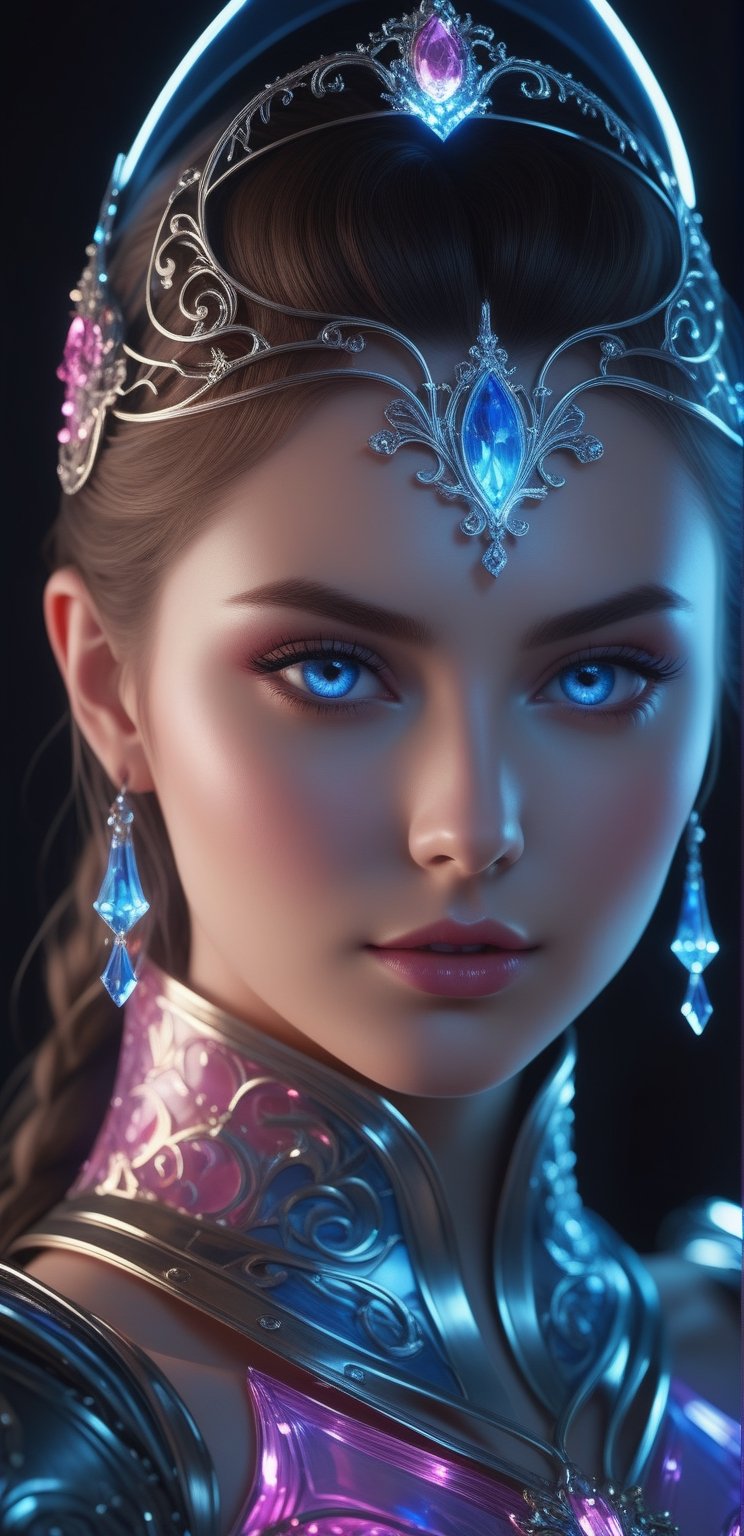 ((Waist shot)),  craft a hyper realistic vertical photo of most attractive transparent crystal glass girl with neon light,...