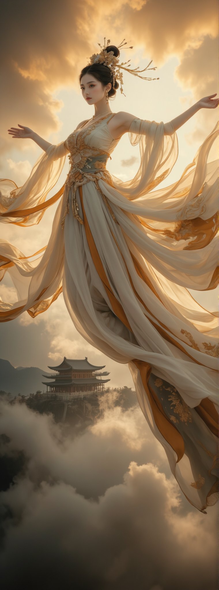 Score_9, score_8_up, score_7_up, big close up, A majestic masterpiece! An Ancient Chinese Goddess descends from the sky in an elegant dance pose, her flowing white Hanfu adorned with intricate gold embroidery and sparkling jewelry, shimmering in soft golden light. The fisheye lens captures the grandeur of her movement as she stretches out her hands, against a vibrant cloudscape with the ancient palace rising from the foggy horizon, like a palace in the sky, with high contrast and subtle grayscale tones. Movie special effects style.