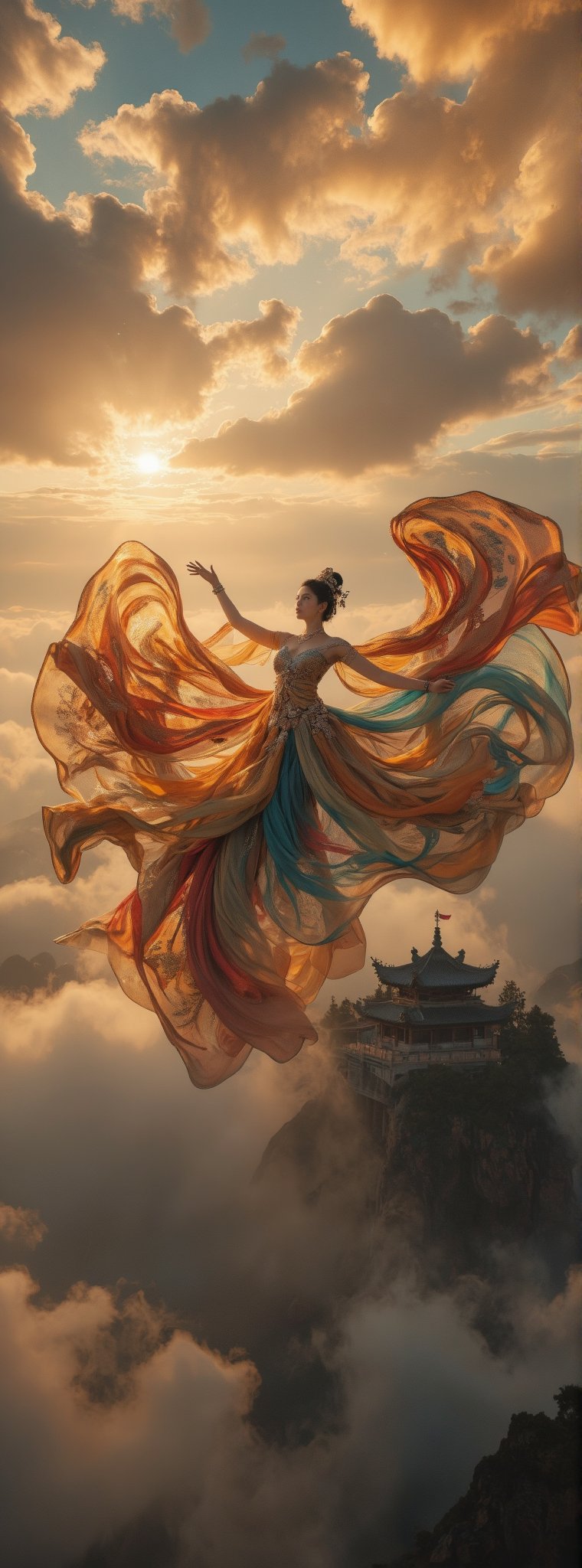 Score_9, score_8_up, score_7_up, (close up), A majestic masterpiece! An Ancient Chinese Goddess descends from the sky in an elegant dance pose, her flowing rainbow dunhuang dress adorned with intricate gold embroidery and sparkling jewelry, shimmering in soft golden light. The fisheye lens captures the grandeur of her movement as she stretches out her hands, against a vibrant cloudscape with the ancient palace rising from the foggy horizon, like a palace in the sky, with high contrast and subtle grayscale tones. Movie special effects style.