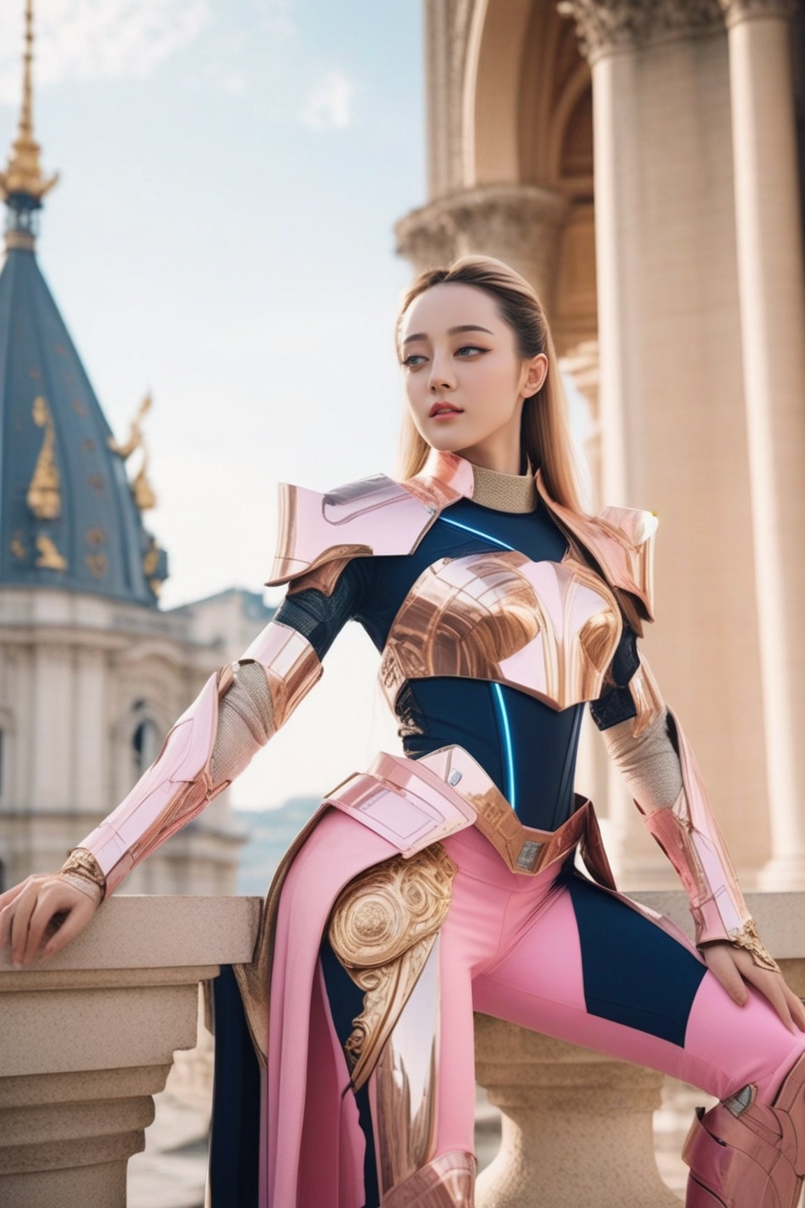 Sci-Fi. Dilraba Dilmurat is a human being, a 28-year-old woman, long blonde hair, deep blue eyes. muscular build. She wears futuristic and highly cybernetic armor. Pink color, golden elements engraved. In the background the magnificent Imperial France architecture.