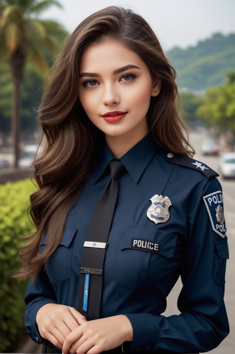 ((25 years old,)), (RAW photo, best quality), (realistic, photo-Realistic:1.1), best quality, masterpiece, beautiful and aesthetic, 16K, high contrast, (vibrant color:1.3), masterpiece, high quality, realistic aesthetic a beautiful girl, supermodel, elegant police suit, transparent, beautiful face, oval face, makeup, seductive smile, fair skin, medium breast, perfect hair, long hair, sexy slim body, Sleek and precise attire, featuring clean lines and intricate details, focused and detailed eyes, a composed and precise expression, defined and bold lips, b4b1