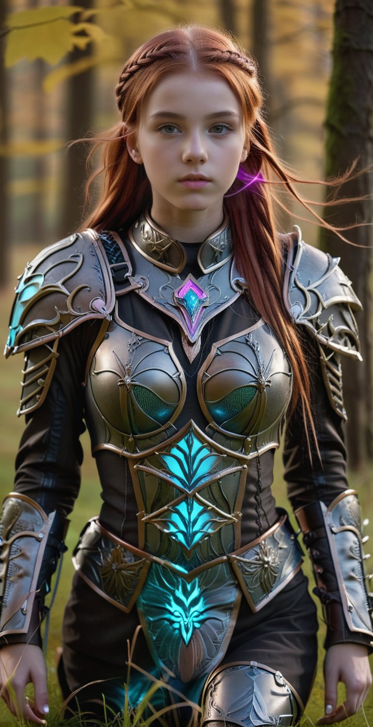 A bright girl with an ultra-realistic body, with very long straight red hair, single braid, an ultra-realistic 30-year-old girl (European Supermodel, Beautiful face, elegant, sexy) on the grass in full growth, an autumn mysterious, fabulous forest, fantastic beauty. she is wearing arth4s armor with pink neon light, a cute gentle look, an ultra-detailed fabulous image in 8K resolution, translucent and unearthly, a bioluminescent forest is visible, a front view of a girl with beautiful natural breasts and a hairy red pubis