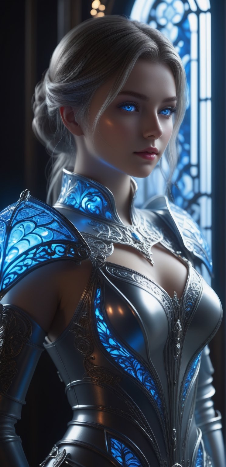 ((Waist shot)),  craft a hyper realistic vertical photo of most attractive transparent crystal glass girl with neon light,...