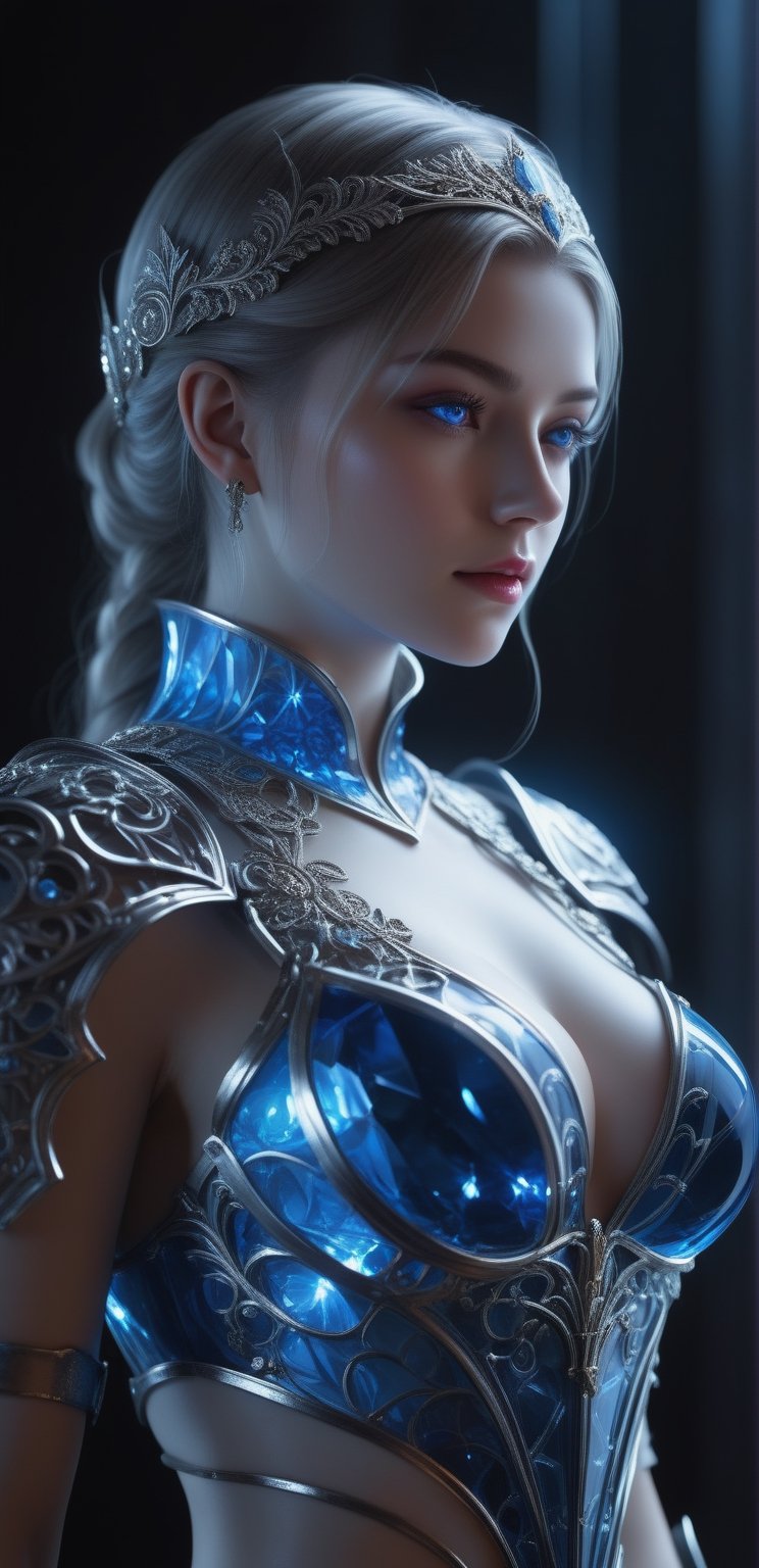 ((Waist shot)),  craft a hyper realistic vertical photo of most attractive transparent crystal glass girl with neon light,...